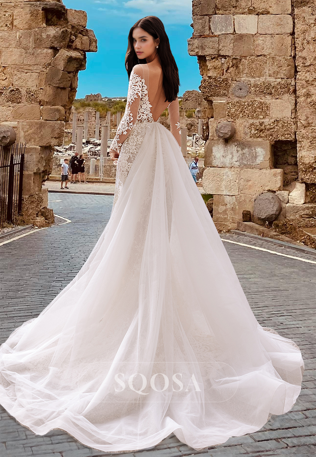 Scoop-Neck Long-Sleeves Allover Lace Applique Sheer Mermaid Wedding Dress with Sweep Train