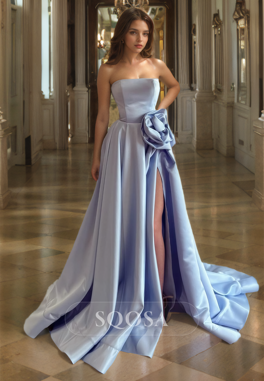 Sleeveless Tube Top A-Line Formal Party Gowns Off-Shoulder Floral Embellished with Slit Prom Dress