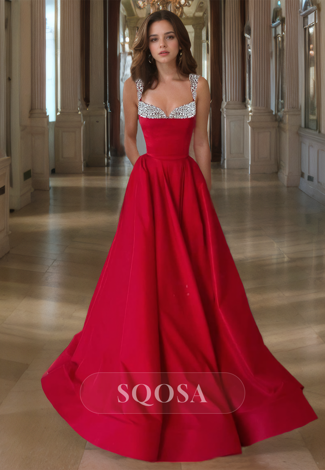 Sweetheart Straps with Beaded Party Dress Sleeveless A-Line Train Satin Formal Prom Dress Custom Color / US12 Sweetheart Straps with Beaded Party Dress Sleeveless A-Line Train Satin Formal Prom Dress Custom Color / US12