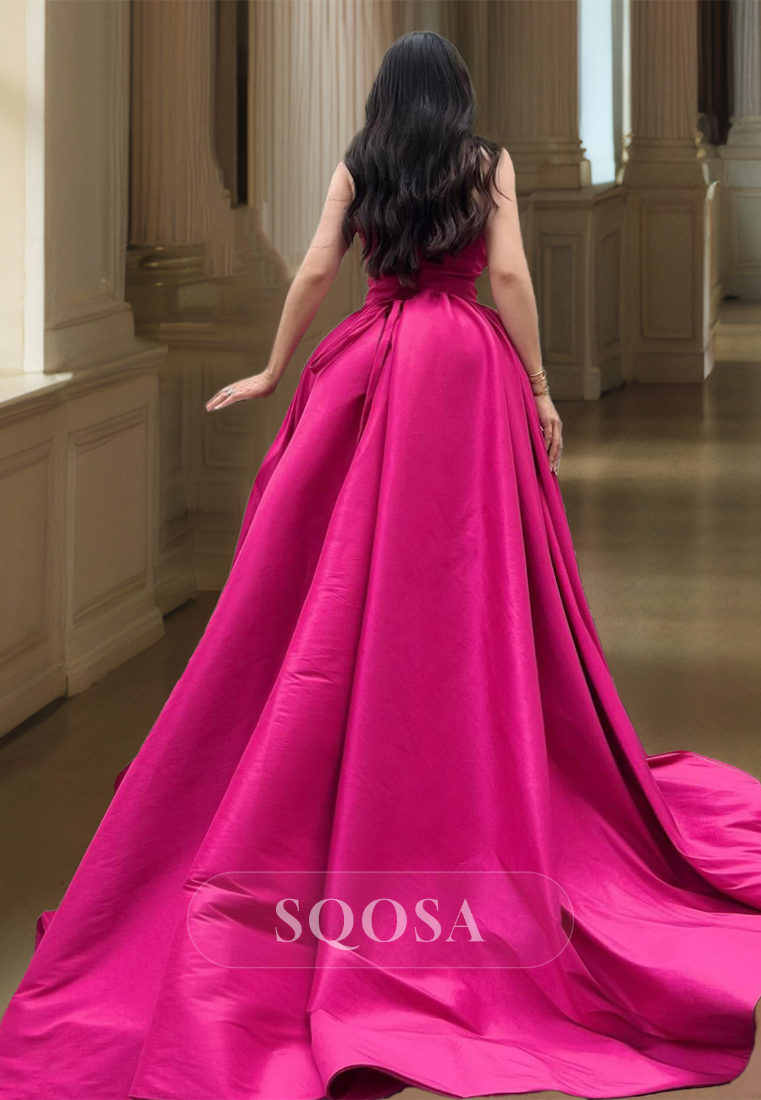 Sweetheart Sleeveless High Slit Train Dinner Gowns Pleated Floral Embellished Satin A-Line Prom Dress