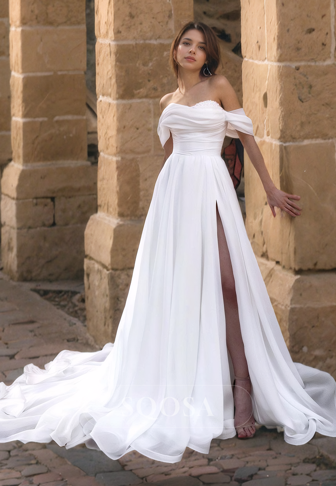 beaded chiffon wedding dress 44440: Chiffon A-Line Gown with Pearl and Beaded Embroidery on Bodice