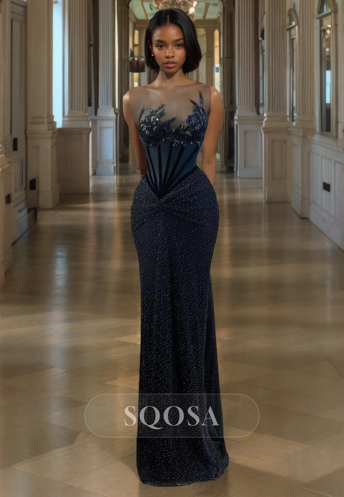 Off-Shoulder Sleeveless Sheer Mermaid Prom Dress Fully Beaded Floor-Le SQOSA Off-Shoulder Sleeveless Sheer Mermaid Prom Dress Fully Beaded Floor-Le SQOSA