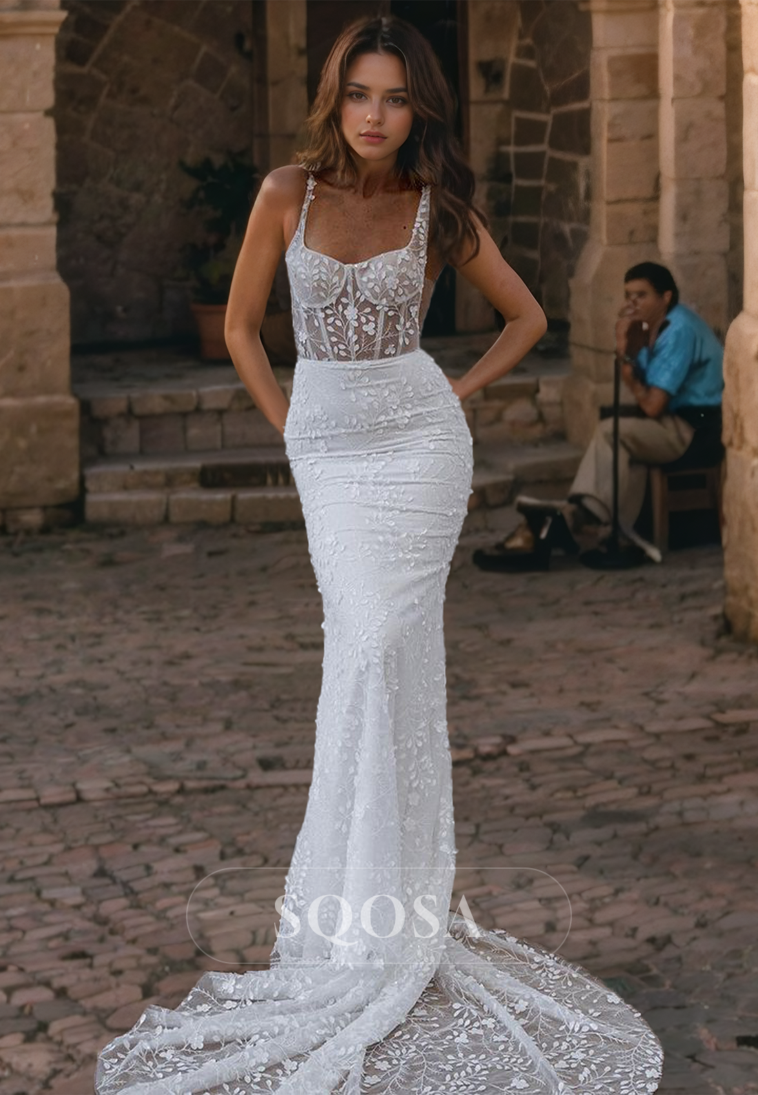 Tube Top Spaghetti Straps Lace Mermaid Wedding Dress Sleeveless Sweep Train Bridal Dress with Appliques Ivory / US6 Tube Top Spaghetti Straps Lace Mermaid Wedding Dress Sleeveless Sweep Train Bridal Dress with Appliques Ivory / US6