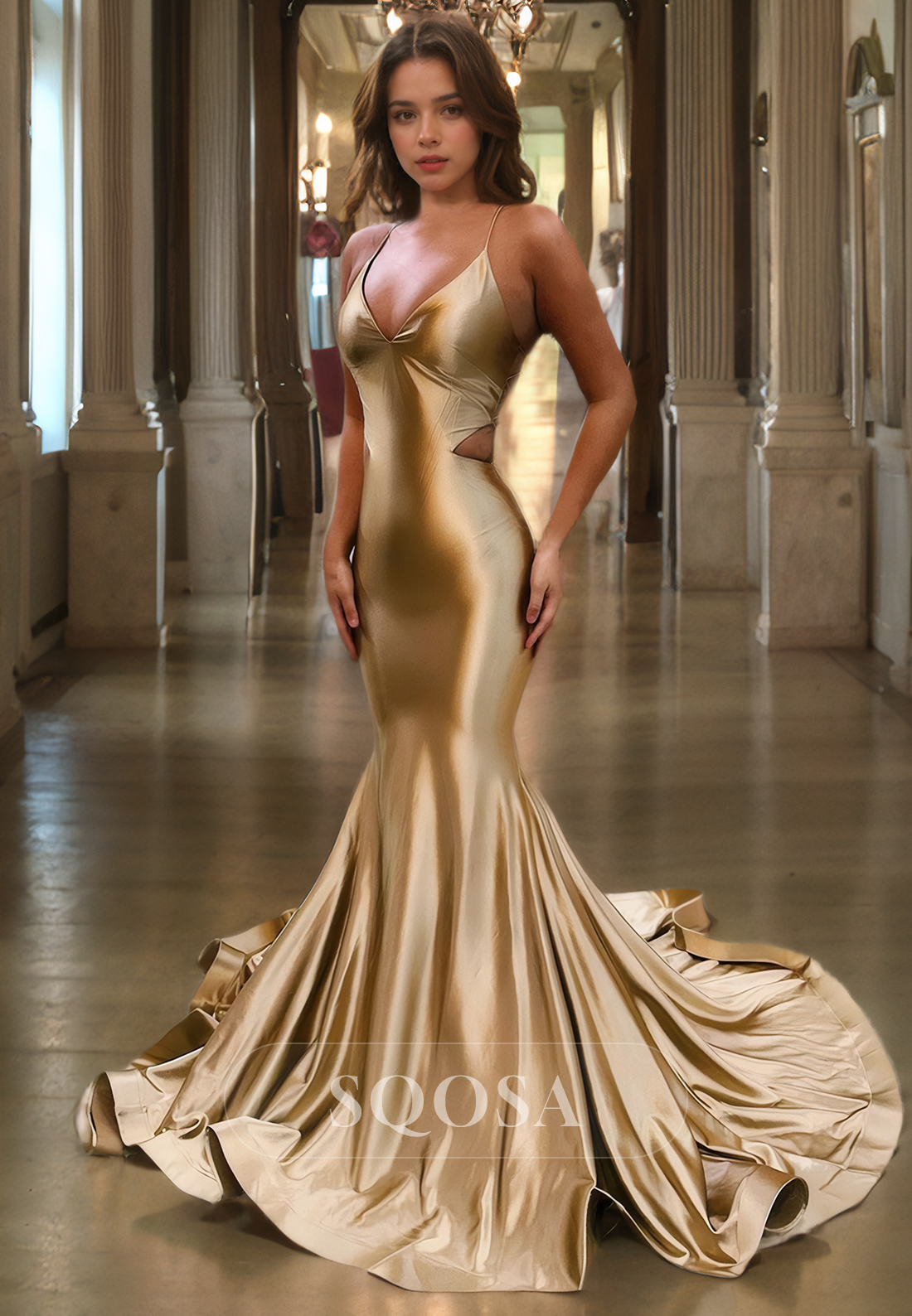 Mermaid Trumpet Prom Dress Spaghetti Straps V-Neck Satin with Train Fo SQOSA Mermaid Trumpet Prom Dress Spaghetti Straps V-Neck Satin with Train Fo SQOSA