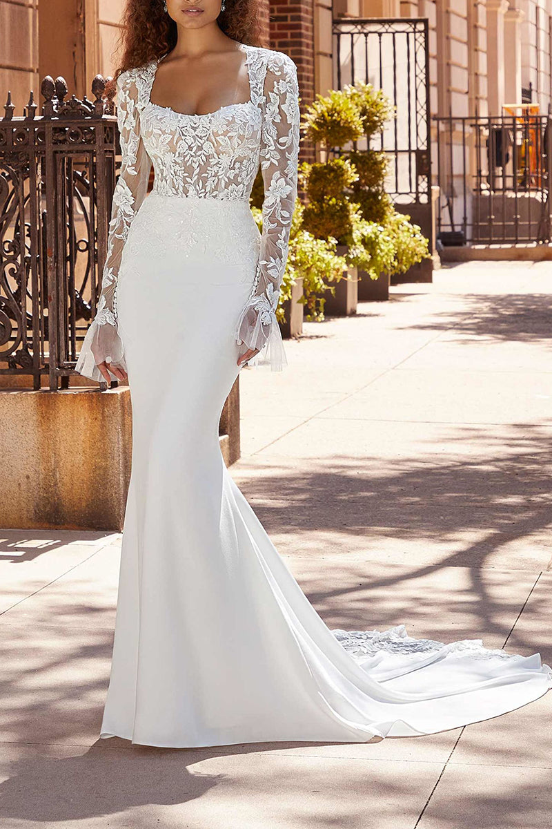 Mermaid Wedding Dress Square Neckline Long Sleeves Boho Wedding Gown QW2293 US16 / Ivory Mermaid Wedding Dress Square Neckline Long Sleeves Boho Wedding Gown QW2293 US16 / Ivory