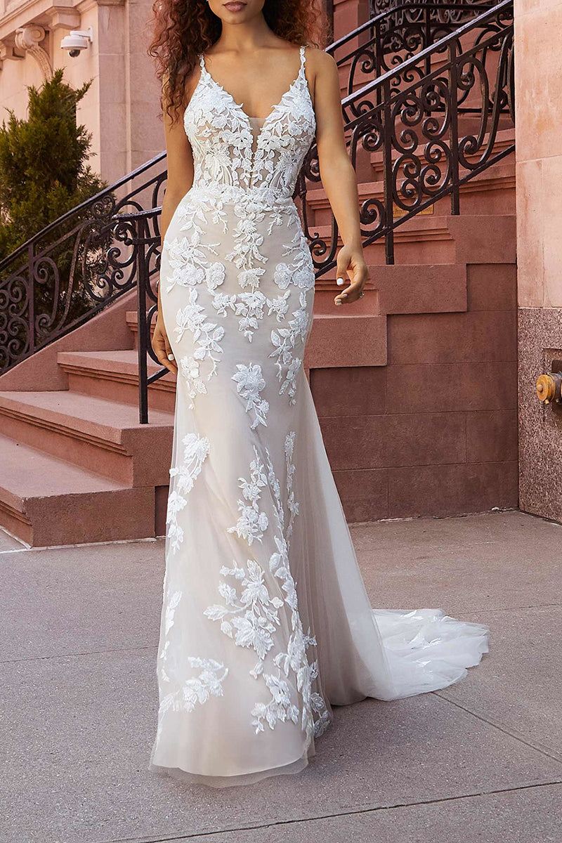 Spaghetti Straps Lace Appliques Mermaid Wedding Dress with Court