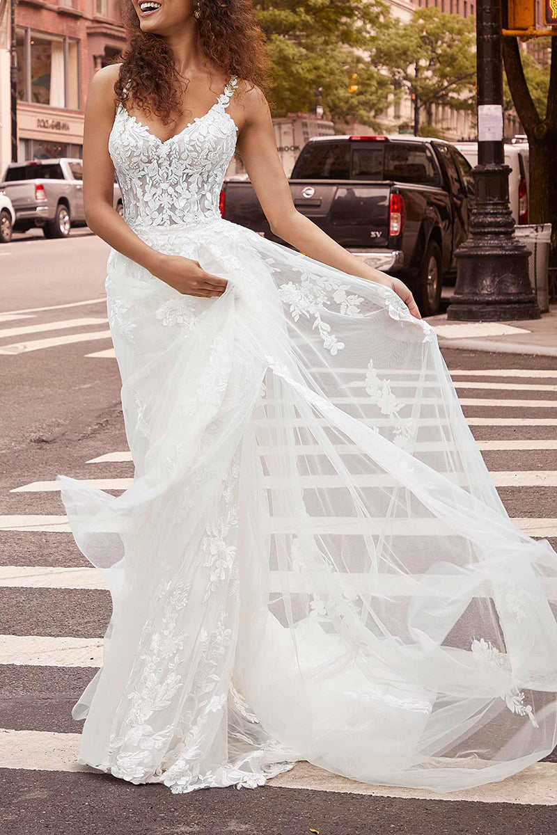 Spaghetti Straps V Neck Mermaid Wedding Dress with Detachable Skirt Lace Bridal Gown QW2294 Custom Size / White Spaghetti Straps V Neck Mermaid Wedding Dress with Detachable Skirt Lace Bridal Gown QW2294 Custom Size / White