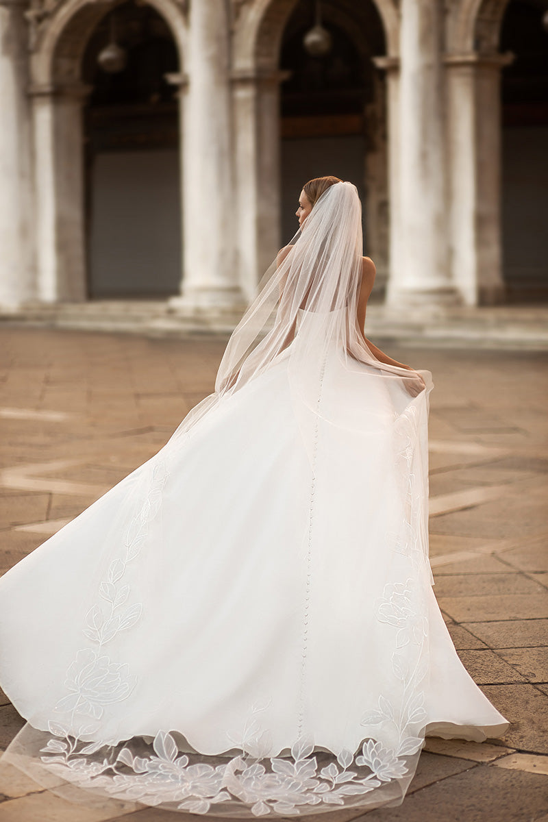 A line Sweetheart Satin Pleated Long Sleeves Rustic Wedding Dress with Slit QW2178