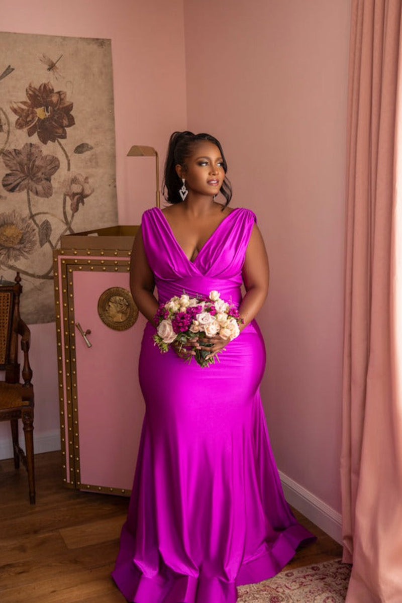magenta bridesmaid dress Sexy V-Neck Pleated Plus Size Long Bridesmaid Dress QB3065 Custom Size / As Pic