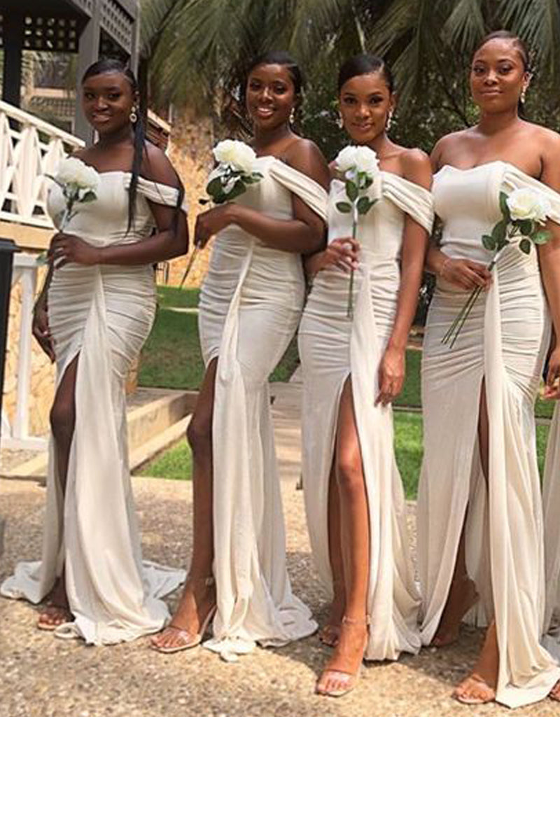 Off Shoulder Pleated Side Slit Long Bridesmaid Dress QB3063 US2 / As Pic Off Shoulder Pleated Side Slit Long Bridesmaid Dress QB3063 US2 / As Pic