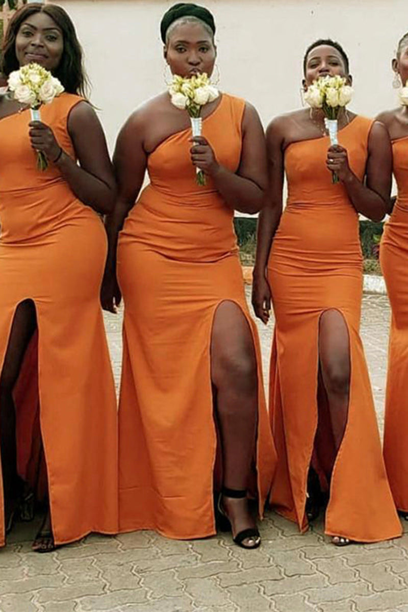 Chic One Shoulder Satin Side Slit Plus Size African Bridesmaid Dress QB3062 US16 / Custom Color Chic One Shoulder Satin Side Slit Plus Size African Bridesmaid Dress QB3062 US16 / Custom Color