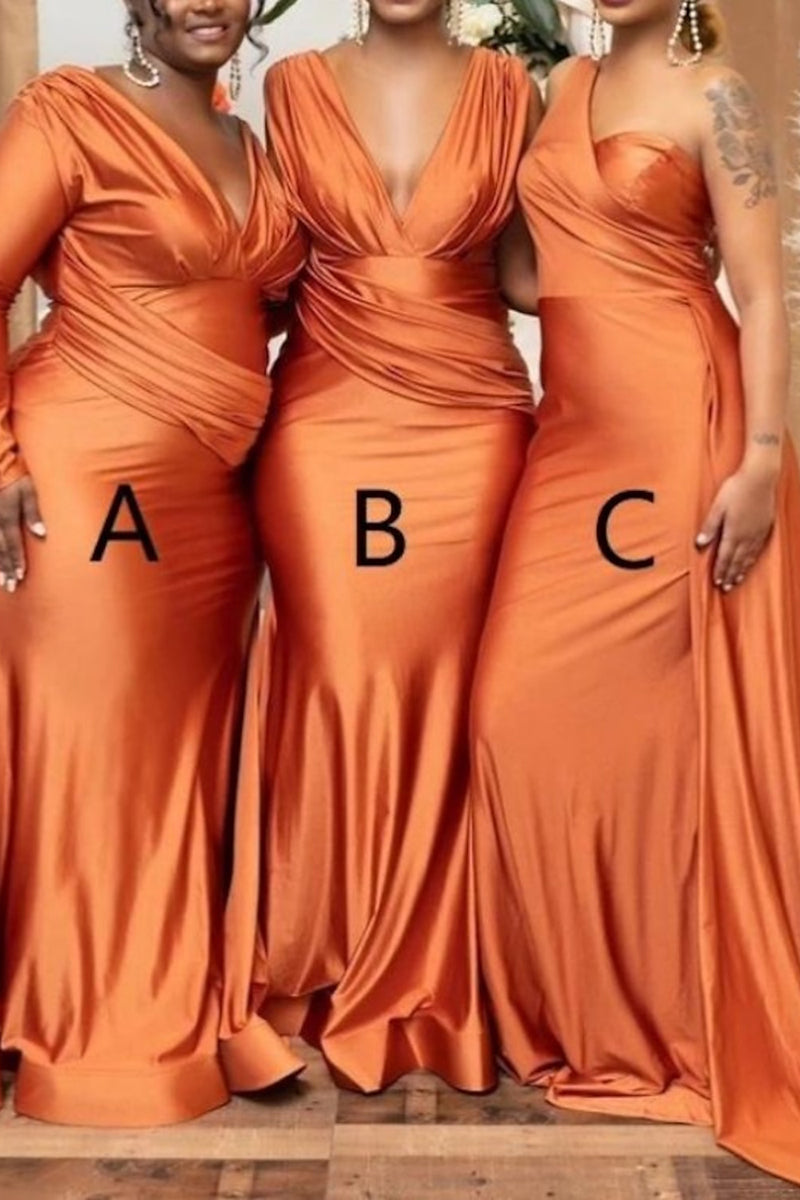 Mismatched Pleats Orange Mermaid Long Bridesmaid Dress for Black Girl QB3117 US10 / As Pic / Style C Mismatched Pleats Orange Mermaid Long Bridesmaid Dress for Black Girl QB3117 US10 / As Pic / Style C
