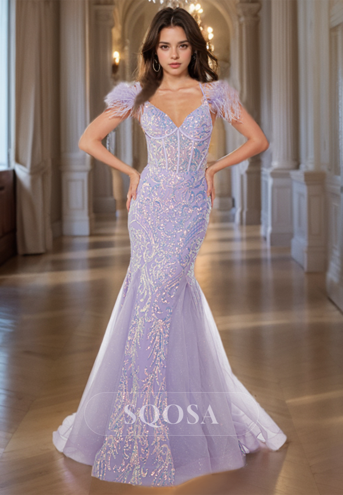 V-Neck Glitter Lace Mermaid Prom Dress Spaghetti Straps with Fringed Trimmed Party Gowns Lilac / US4 V-Neck Glitter Lace Mermaid Prom Dress Spaghetti Straps with Fringed Trimmed Party Gowns Lilac / US4