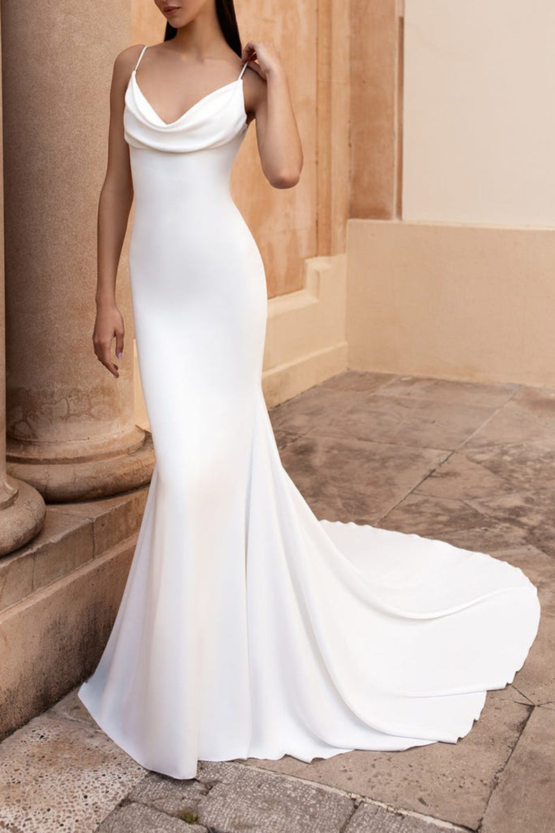 Spaghetti Straps Simple Mermaid Satin Wedding Dress with Court Train QW2298 US10 / Ivory Spaghetti Straps Simple Mermaid Satin Wedding Dress with Court Train QW2298 US10 / Ivory