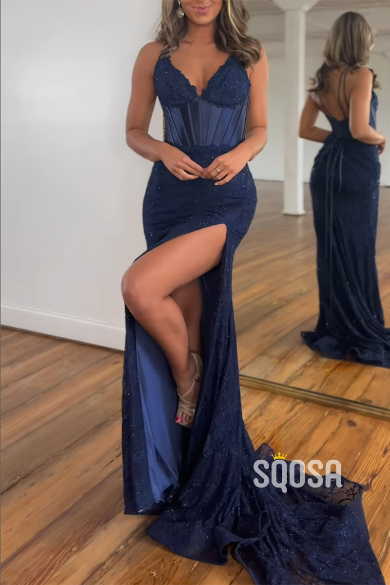 Sheath V-Neck Spaghetti Straps Lace Appliques With Side Slit Train Long Formal Evening Dress QP2157