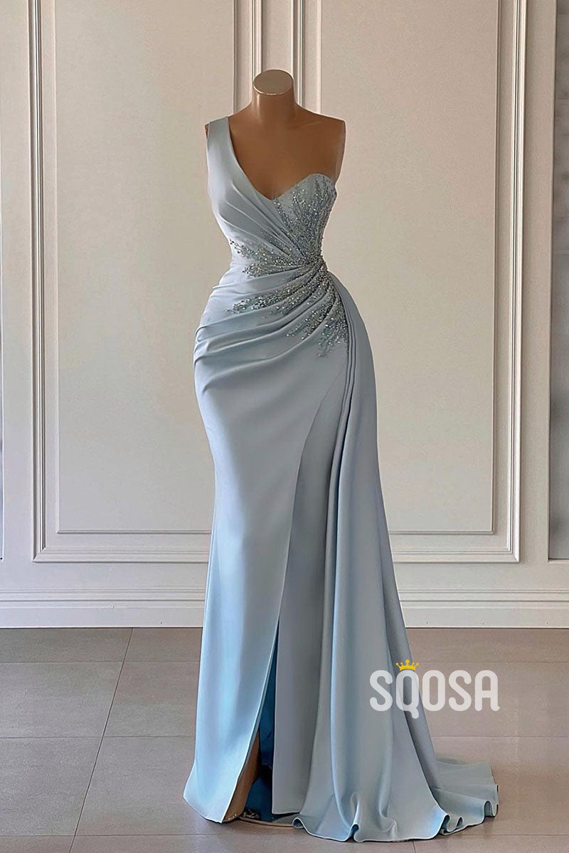 Sheath/Column One Shoulder Beaded Pleats Long Prom Dress Evening Gown SQOSA Sheath/Column One Shoulder Beaded Pleats Long Prom Dress Evening Gown SQOSA