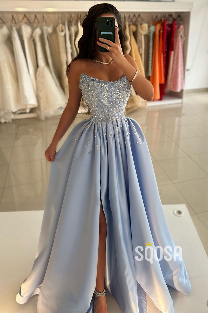 A-Line Beaded Strapless Blue Satin Long Prom Dress With Slit Evening Gowns QP3165 A-Line Beaded Strapless Blue Satin Long Prom Dress With Slit Evening Gowns QP3165
