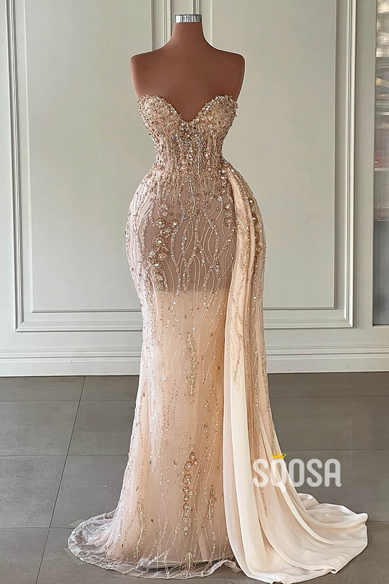 Luxurious Strapless Illusion Beaded Champagne Long Prom Dress Evening SQOSA Luxurious Strapless Illusion Beaded Champagne Long Prom Dress Evening SQOSA
