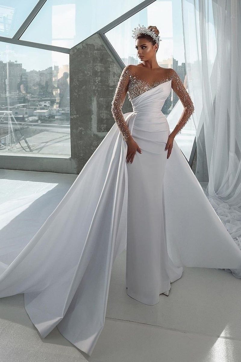 beaded illusion wedding dress Luxurious White Sweetheart Beaded Illusion Sleeves Sequined Ball Gown
