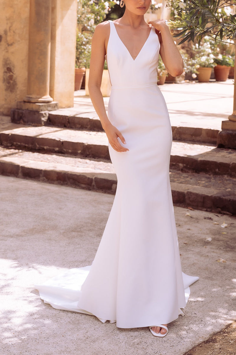 Sexy V Neck Satin Mermaid Simple Wedding Dress QW0933 US12 / Ivory Sexy V Neck Satin Mermaid Simple Wedding Dress QW0933 US12 / Ivory