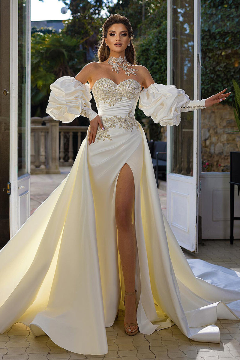 Sheath Lace Appliques Satin Pleats Long Sleeves Wedding Dress QW0941 US10 / Custom Color Sheath Lace Appliques Satin Pleats Long Sleeves Wedding Dress QW0941 US10 / Custom Color