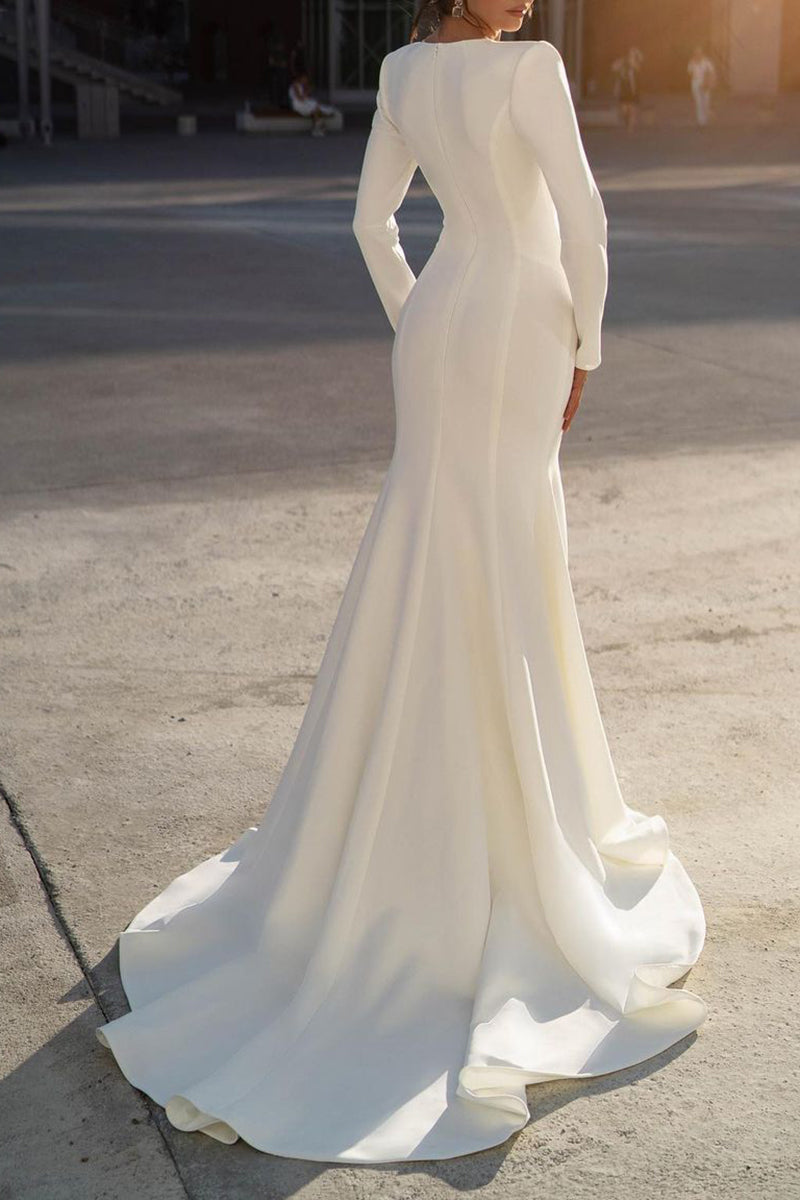 Illusion V-Neck Mermaid/Trumpet Wedding Dress with Sleeves Boho Bridal Gowns QW2586
