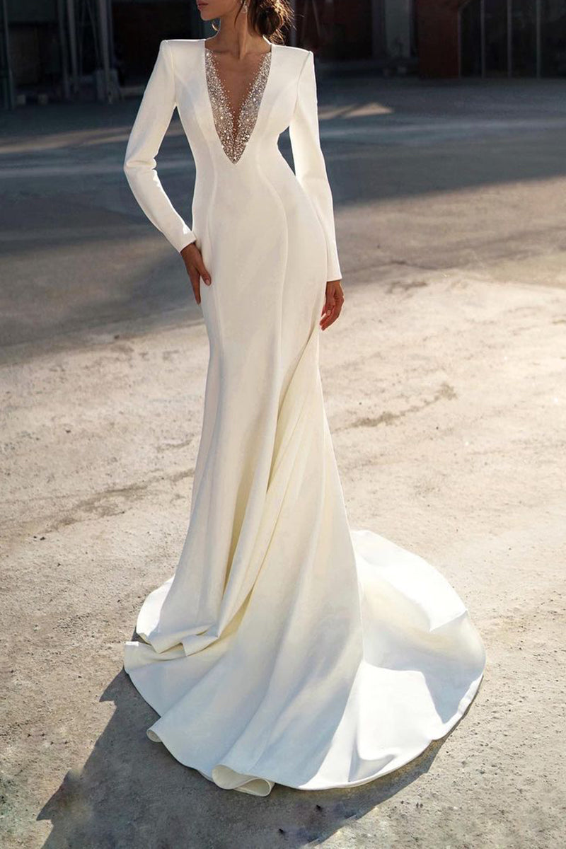 Illusion V-Neck Mermaid/Trumpet Wedding Dress with Sleeves Boho Bridal SQOSA Illusion V-Neck Mermaid/Trumpet Wedding Dress with Sleeves Boho Bridal SQOSA
