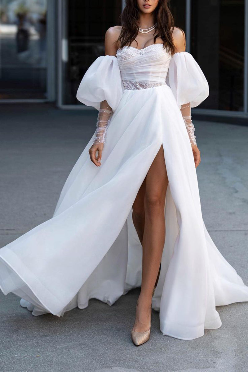 A Line Sweetheart Hall Casual Wedding Dress with Sleeves Pearls Rustic Bridal Gowns QW2587 US14 / White A Line Sweetheart Hall Casual Wedding Dress with Sleeves Pearls Rustic Bridal Gowns QW2587 US14 / White
