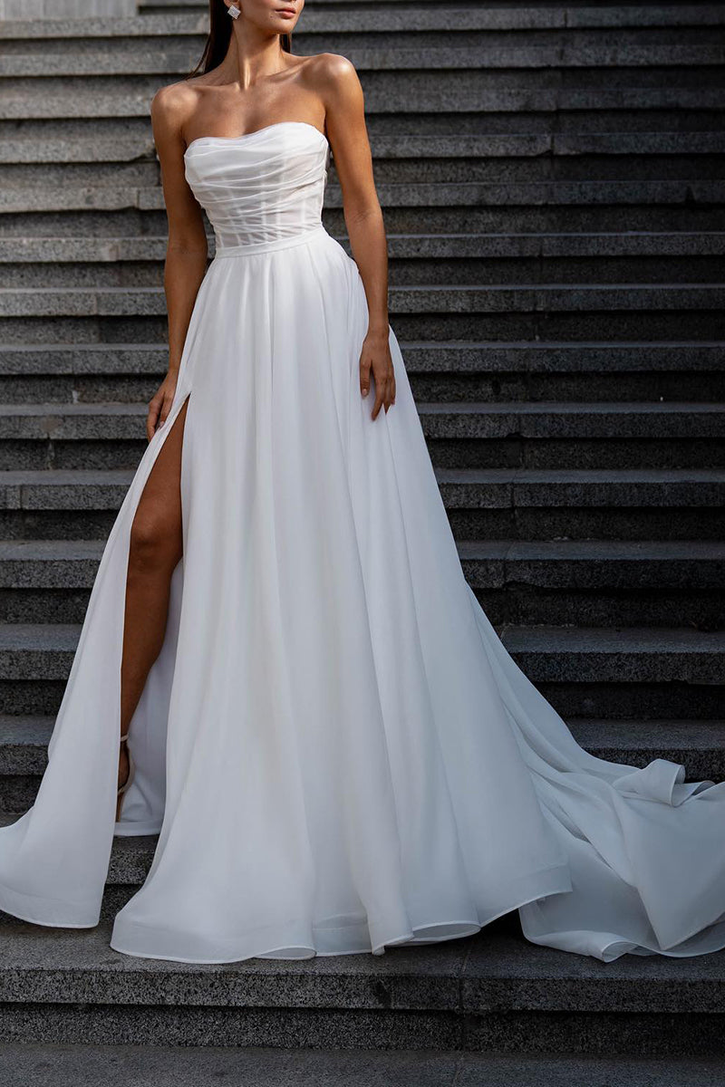 A Line Strapless Hall Casual Wedding Dress Pleats Split White Boho Bridal Gown QW2612 US4 / Custom Color A Line Strapless Hall Casual Wedding Dress Pleats Split White Boho Bridal Gown QW2612 US4 / Custom Color