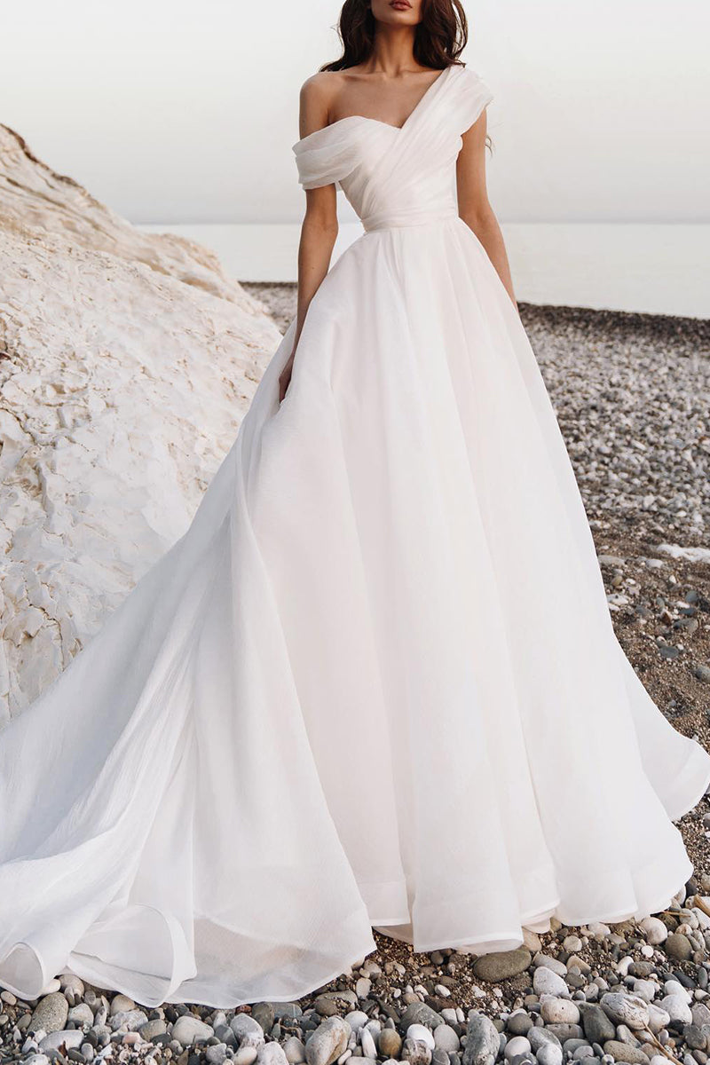 A Line One Shoulder Organza Pleats Hall Casual White Wedding Dress QW2662 US14 / Ivory A Line One Shoulder Organza Pleats Hall Casual White Wedding Dress QW2662 US14 / Ivory