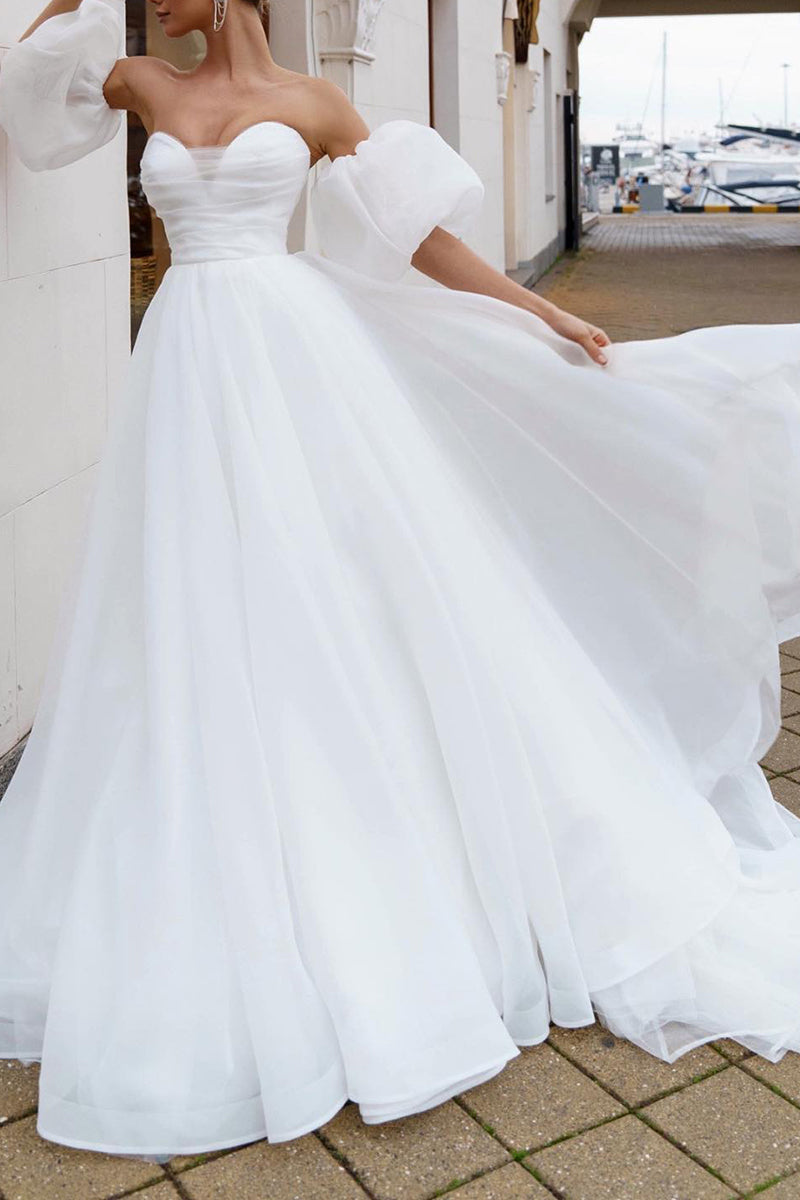 off white casual wedding dresses Off-Shoulder A-Line Tulle Casual Wedding Dress Bridal Gowns With Split QW8090 US14 / White & Ivory