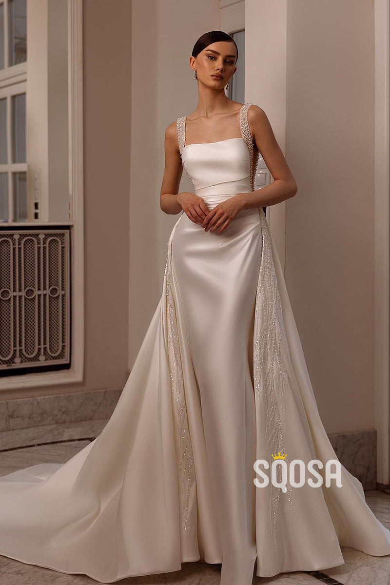 A-Line Square Pearls Satin Casual Wedding Dress Bridal Gowns With Trai SQOSA A-Line Square Pearls Satin Casual Wedding Dress Bridal Gowns With Trai SQOSA
