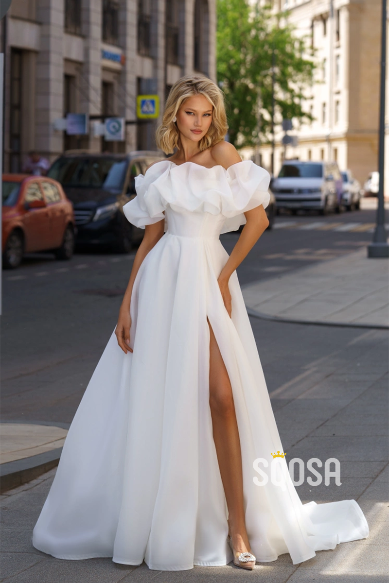 Off-Shoulder A-Line Tulle Casual Wedding Dress Bridal Gowns With Split SQOSA Off-Shoulder A-Line Tulle Casual Wedding Dress Bridal Gowns With Split SQOSA