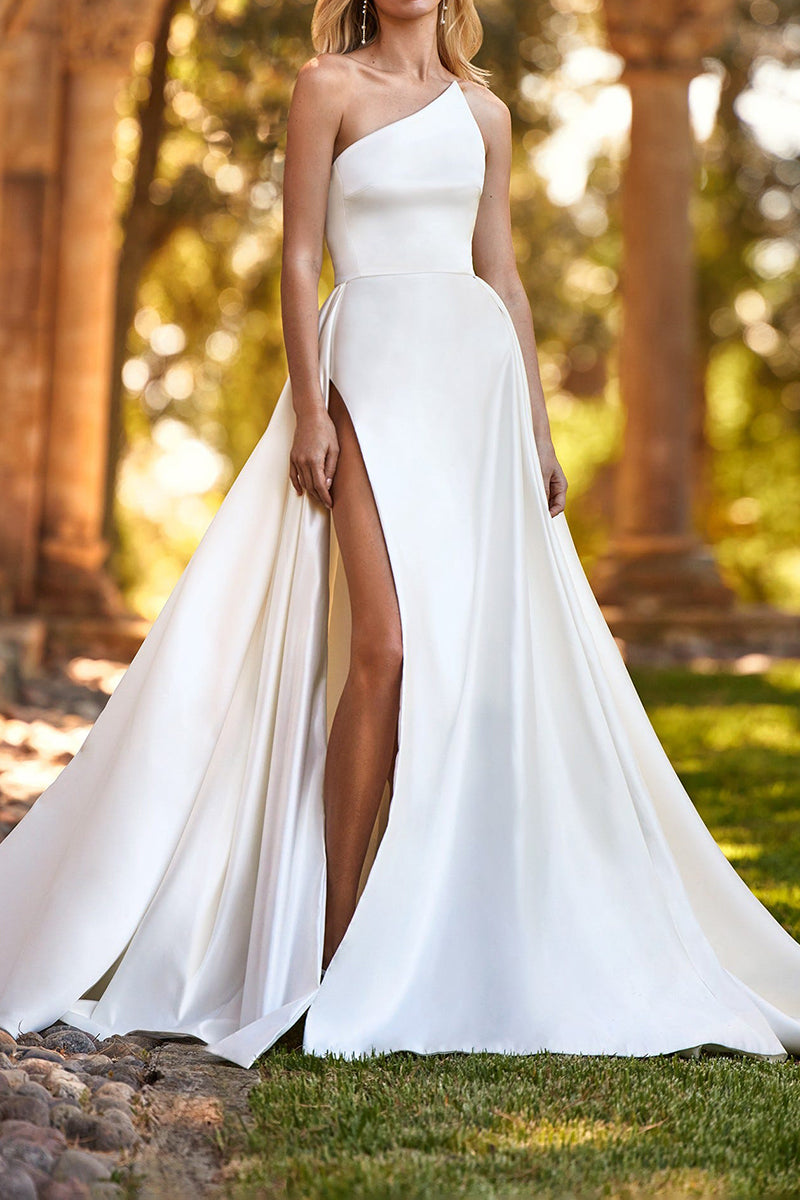 A Line One Shoulder Side Slit Satin Wedding Dress QW2101 – SQOSA