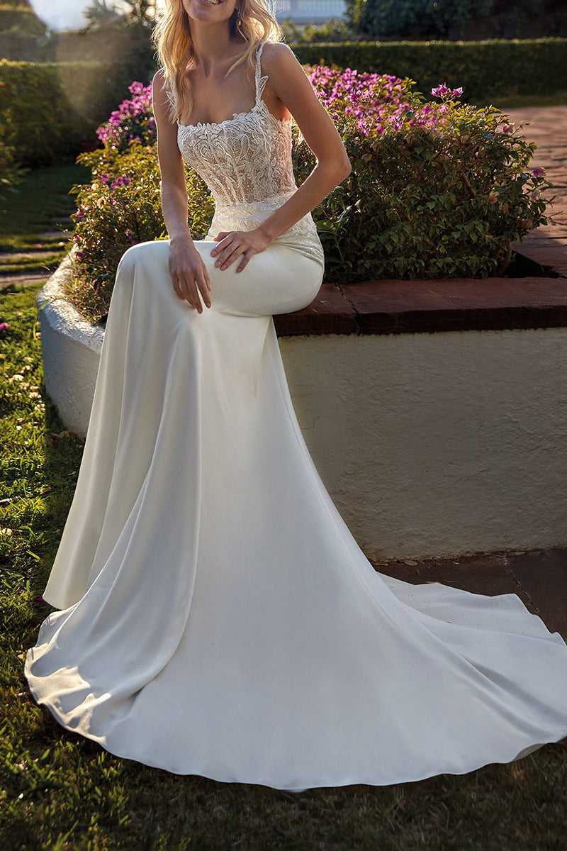 Illusion Scoop Lace Appliques Mermaid Wedding Dress QW2113