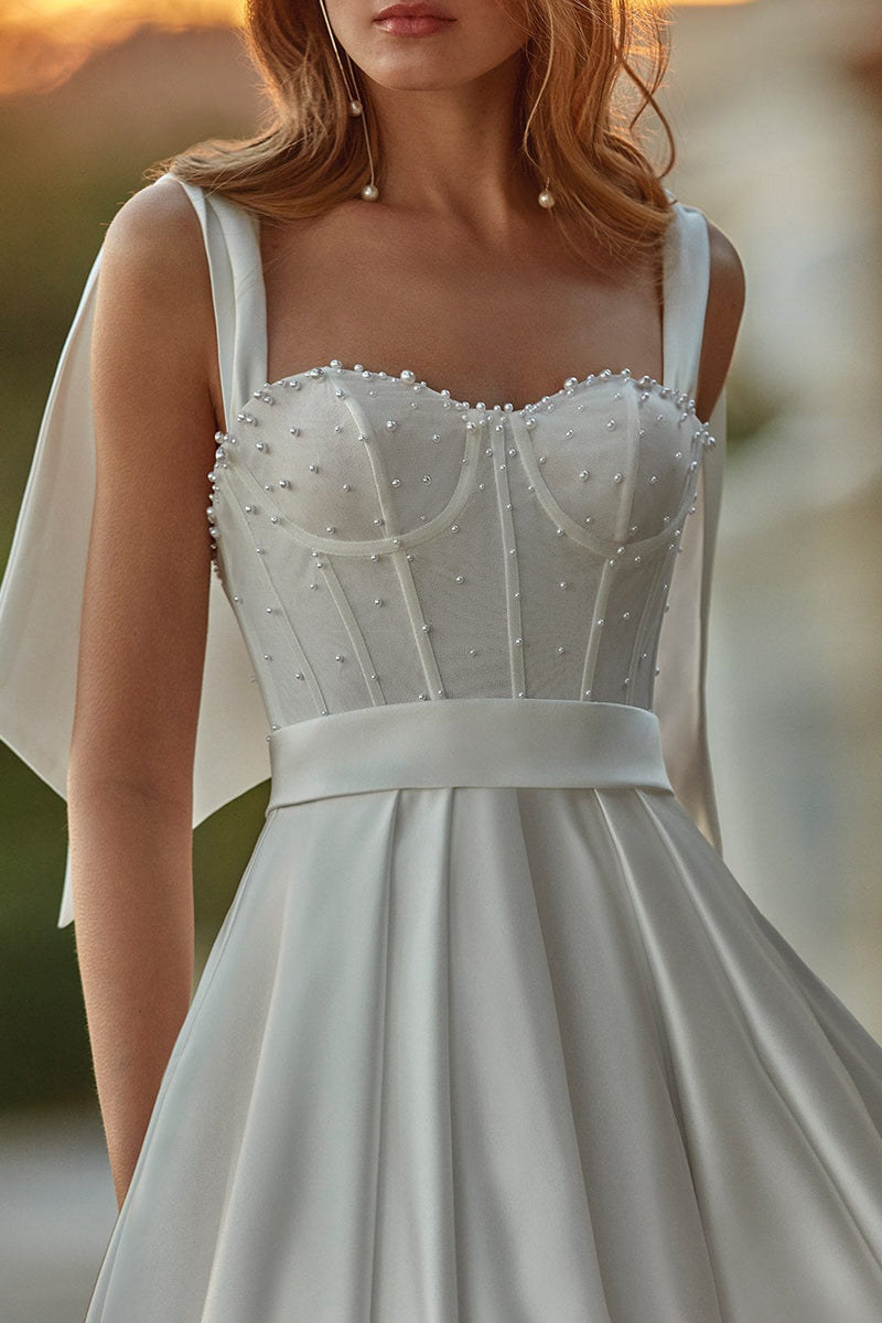 A line Sweetheart Pearls Satin Wedding Dress with Pockets QW2117