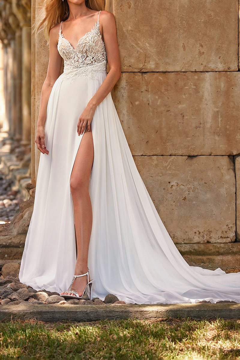 A Line Illusion V neck Lace Appliques Boho Wedding Dress with Slit QW2119 US2 / As Picture A Line Illusion V neck Lace Appliques Boho Wedding Dress with Slit QW2119 US2 / As Picture