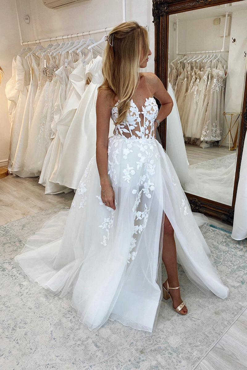 A Line Illusion V Neck Lace Appliques Rustic Wedding Dress with Slit QW2142 US4 / White A Line Illusion V Neck Lace Appliques Rustic Wedding Dress with Slit QW2142 US4 / White
