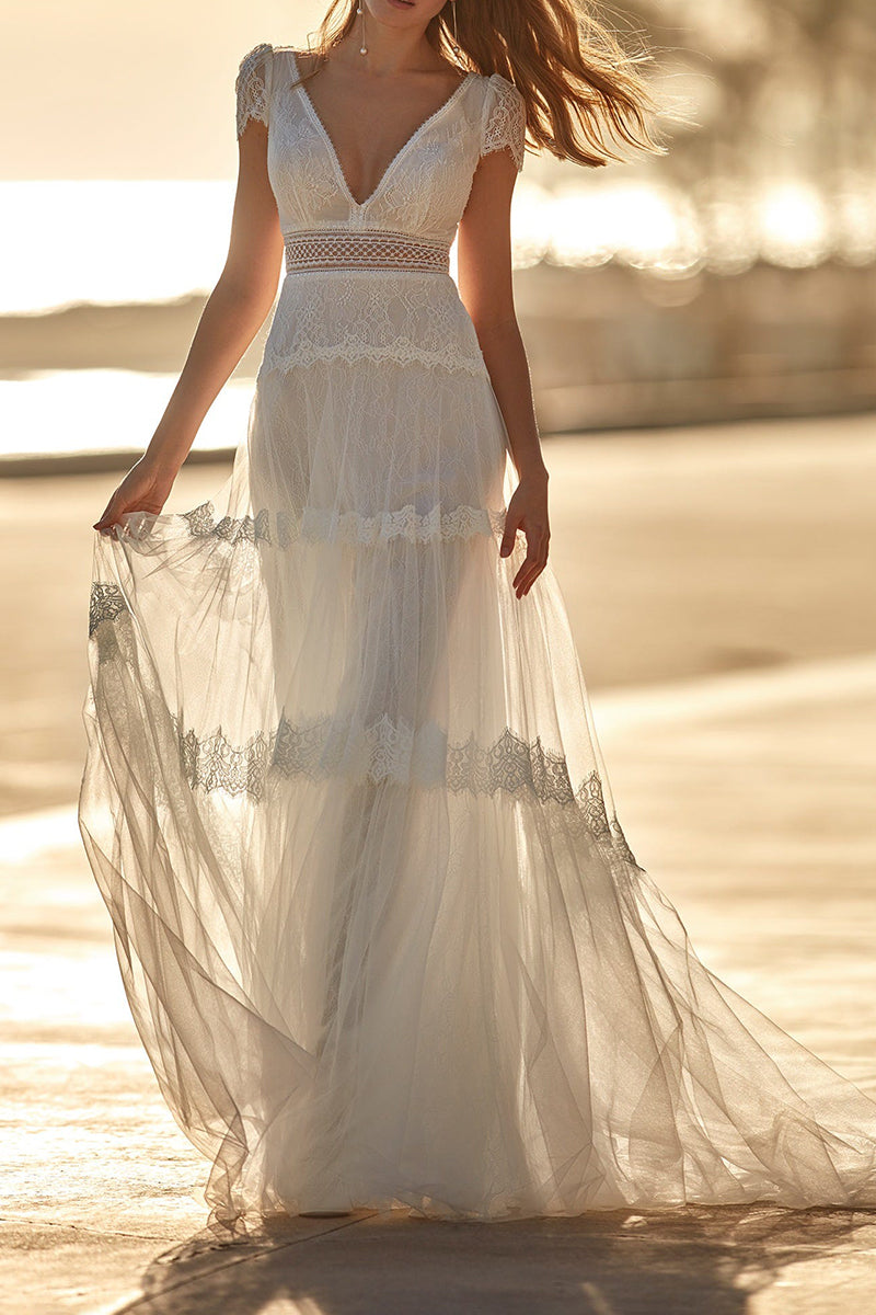 Boho Wedding Dress Tulle Lace A-Line with Train Natural Waist Wedding Dress Functional Buttons Short Sleeves V-Neck Ivory Boho Wedding Dress Tulle Lace A-Line with Train Natural Waist Wedding Dress Functional Buttons Short Sleeves V-Neck Ivory