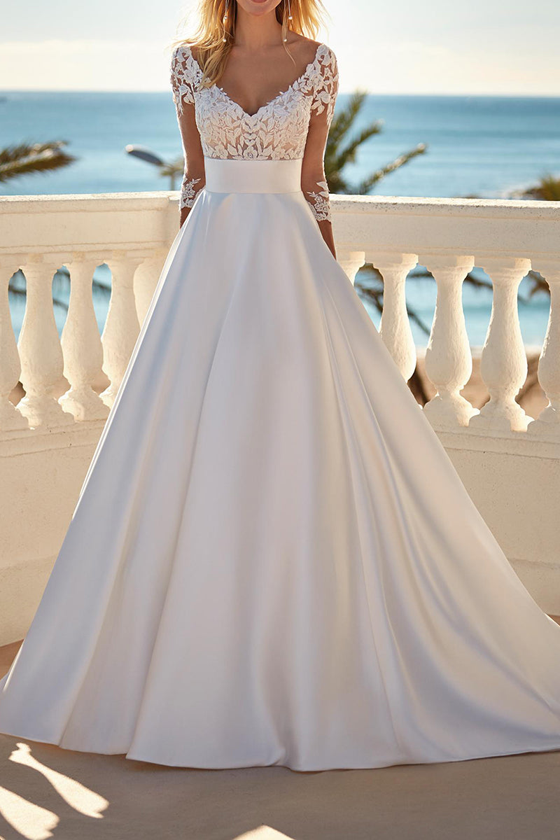 A Line Illusion V neckk 3/4 Sleeves Satin Wedding Dress QW2118 Custom Size / Custom Color A Line Illusion V neckk 3/4 Sleeves Satin Wedding Dress QW2118 Custom Size / Custom Color