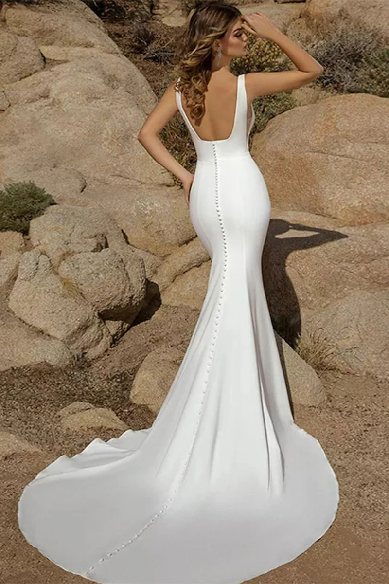 Beach Open Back Casual Wedding Dresses Court Train Mermaid / Trumpet Satin Simple Boho Bridal Gowns QW2361