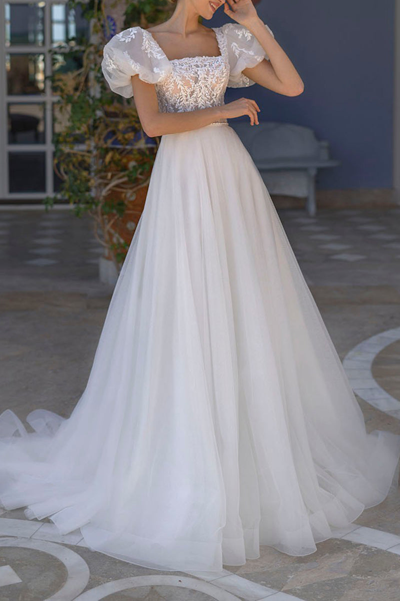 A Line Square Lace Appliques Short Sleeves Rustic Wedding Dress Bridal SQOSA A Line Square Lace Appliques Short Sleeves Rustic Wedding Dress Bridal SQOSA