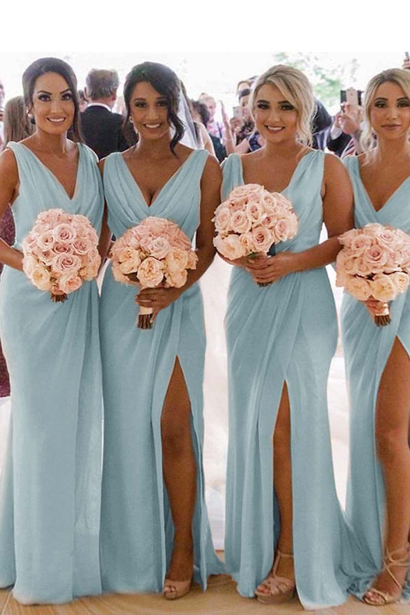 v neck mikado bridesmaid dress with side pleats Mikado Column Dress with Pleated Side Overskirt Blue / FR 38