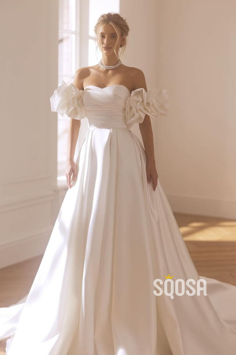 A-Line Floral Off-Shoulder Satin Casual Wedding Dress Bridal Gowns Wit SQOSA A-Line Floral Off-Shoulder Satin Casual Wedding Dress Bridal Gowns Wit SQOSA