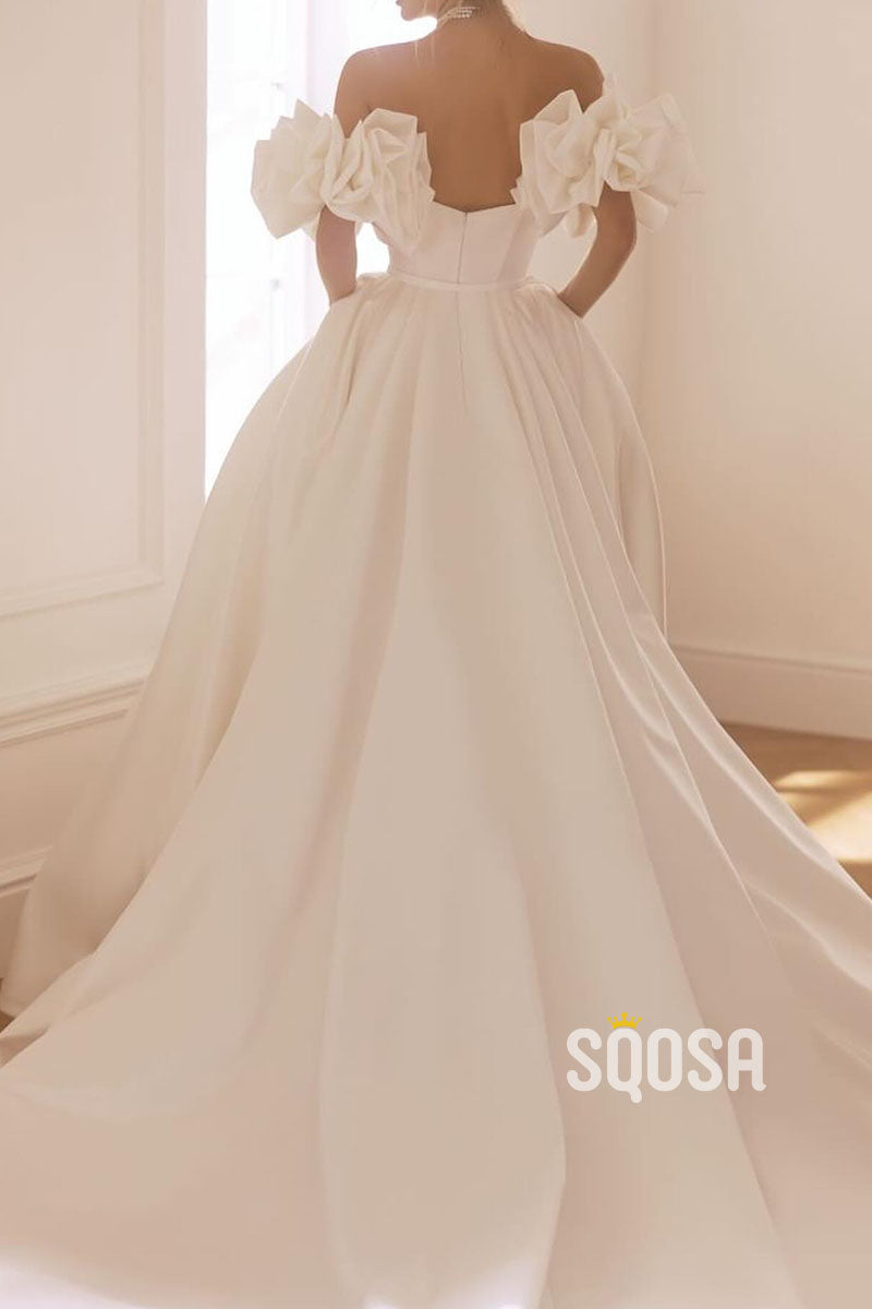 A-Line Floral Off-Shoulder Satin Casual Wedding Dress Bridal Gowns With Train QW8044