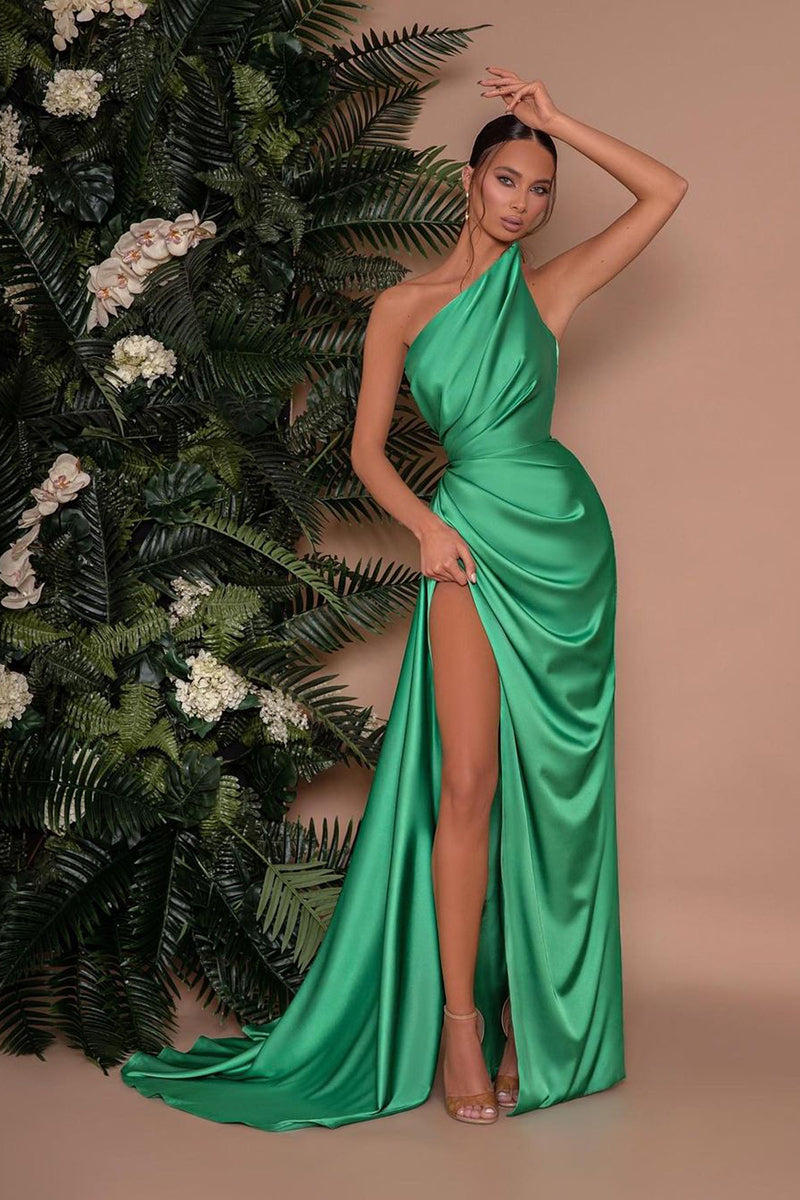 Unique One Shoulder Satin Pleated Green Long Bridesmaid Dress with Slit QB3082 US14 / Custom Color Unique One Shoulder Satin Pleated Green Long Bridesmaid Dress with Slit QB3082 US14 / Custom Color