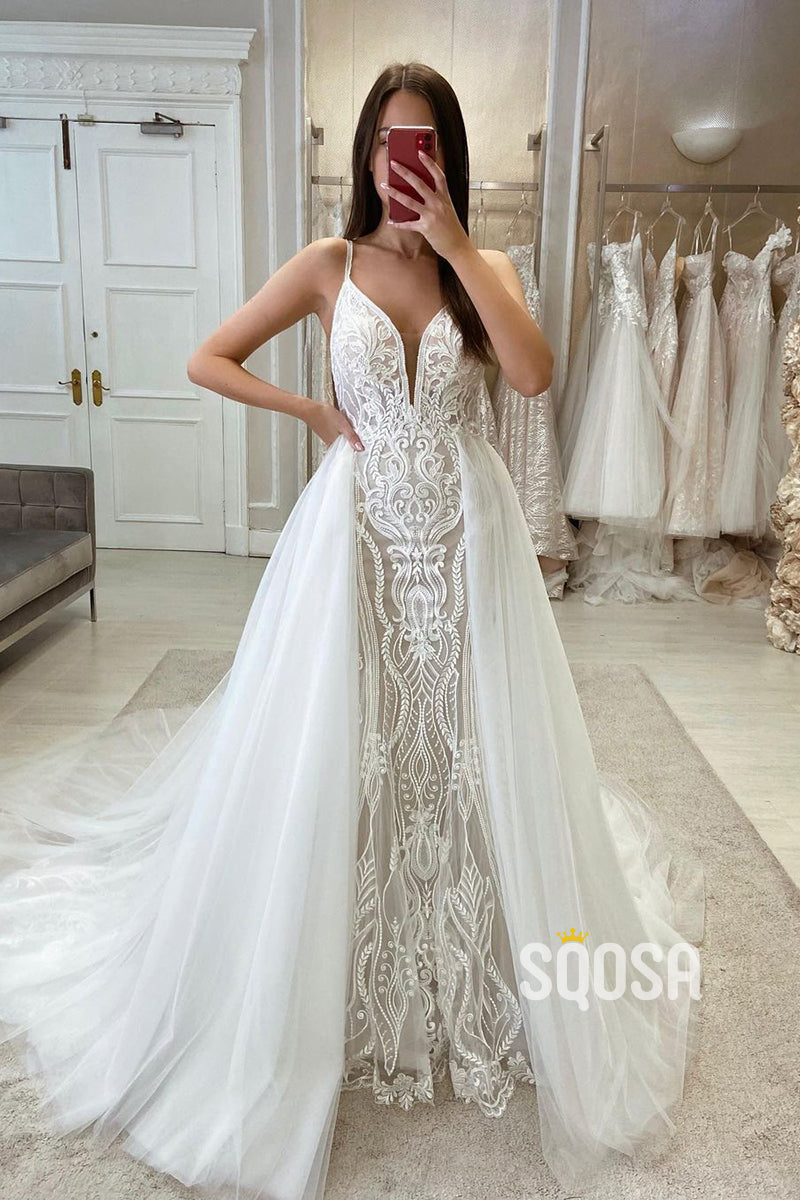 Trumpet V-Neck Spaghetti Straps Detachable Tulle Train Lace Applique  Wedding Dress QW8103