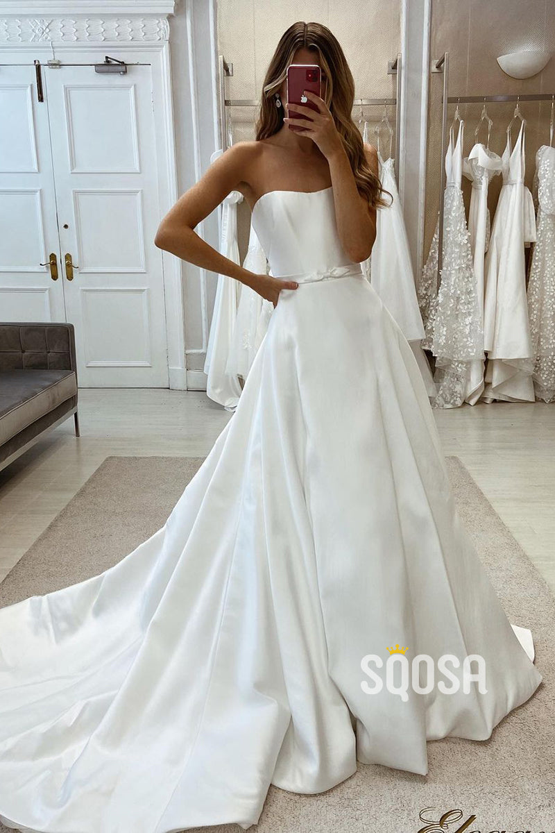 Simple Satin A-Line Sweetheart Strapless Belt With Train Wedding