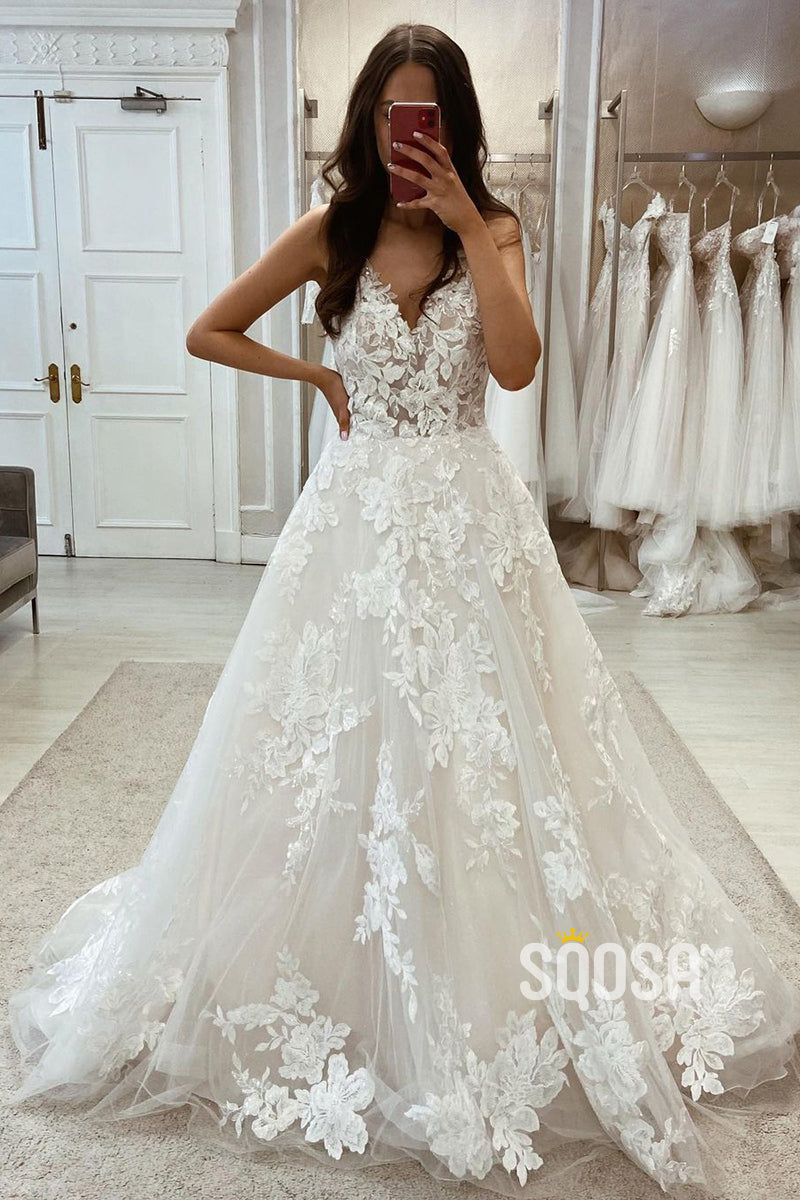 Sexy Tulle A-Line V-Neck Spaghetti Straps Lace Applique With Train Wedding Dress QW8110 US2 / White lvory Sexy Tulle A-Line V-Neck Spaghetti Straps Lace Applique With Train Wedding Dress QW8110 US2 / White lvory