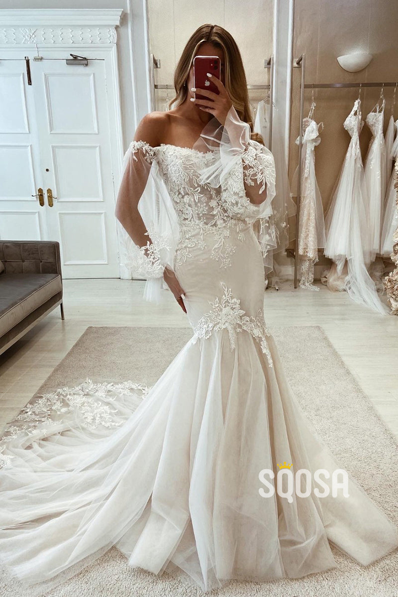 Off-Shoulder Long Sleeve Empire Lace Applique Sexy Trumpet With Tulle Train Wedding Dress QW8106 US4 / Ivory Off-Shoulder Long Sleeve Empire Lace Applique Sexy Trumpet With Tulle Train Wedding Dress QW8106 US4 / Ivory